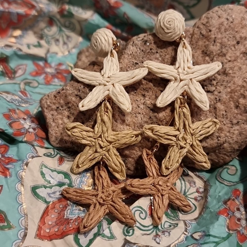 Starfish Rattan Drop Earrings Cream Brown | NWOT